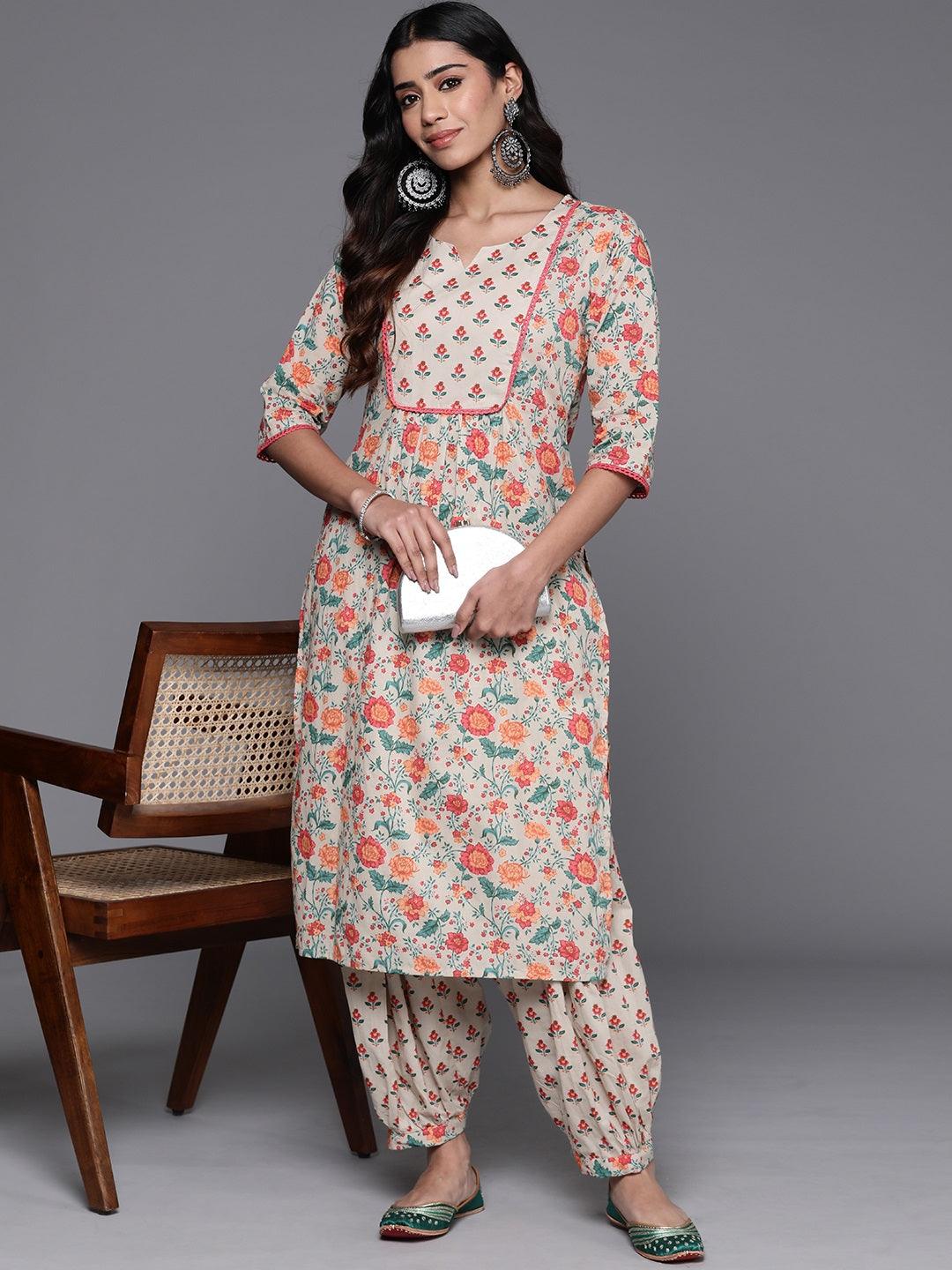 Beige Printed Cotton Straight Kurta With Salwar - Libas