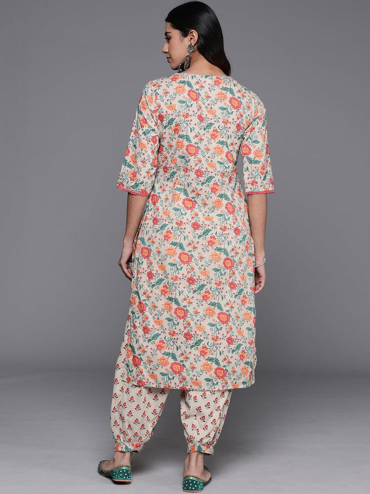 Beige Printed Cotton Straight Kurta With Salwar - Libas