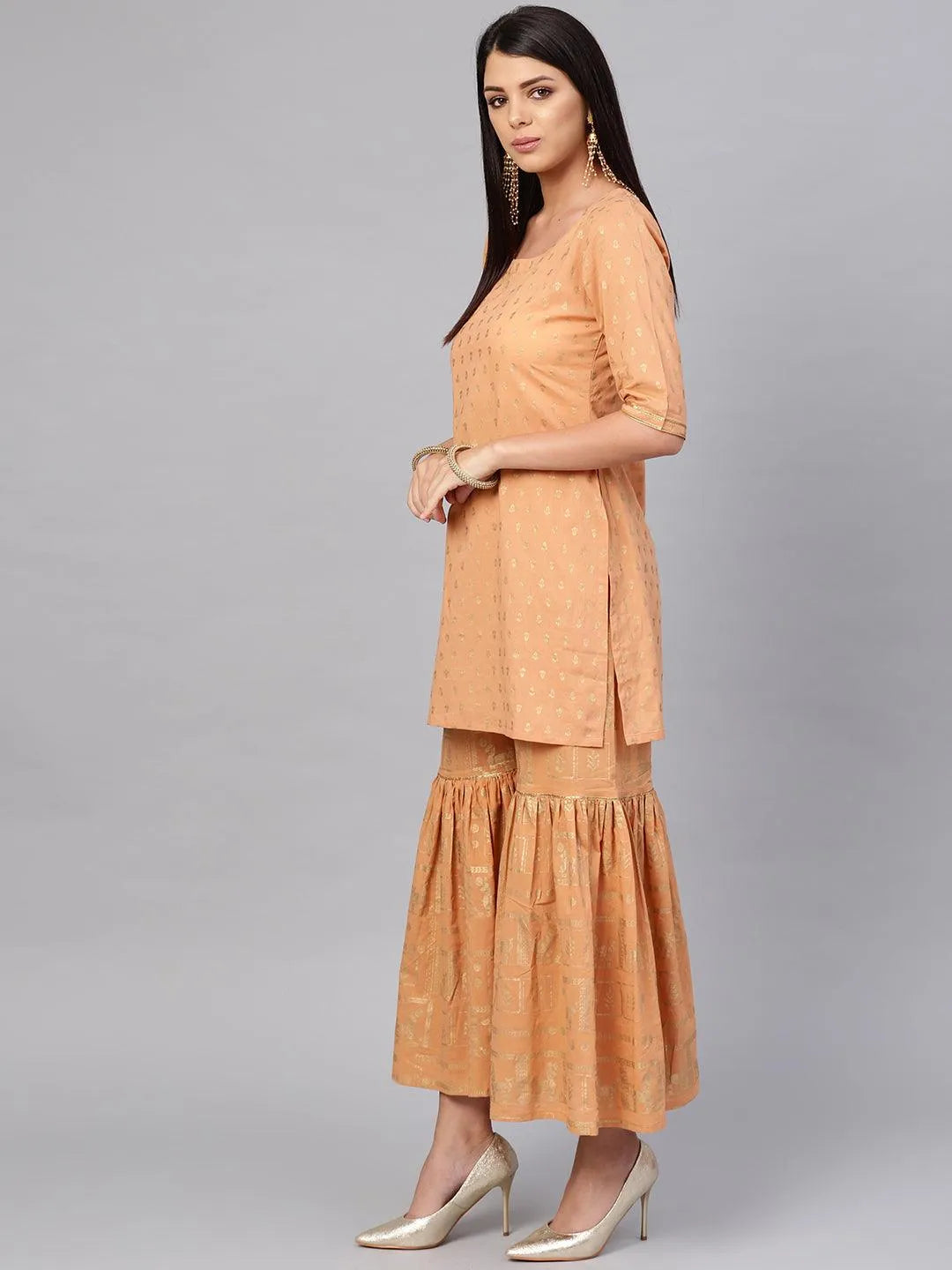 Beige Printed Cotton Kurta Set - Libas 