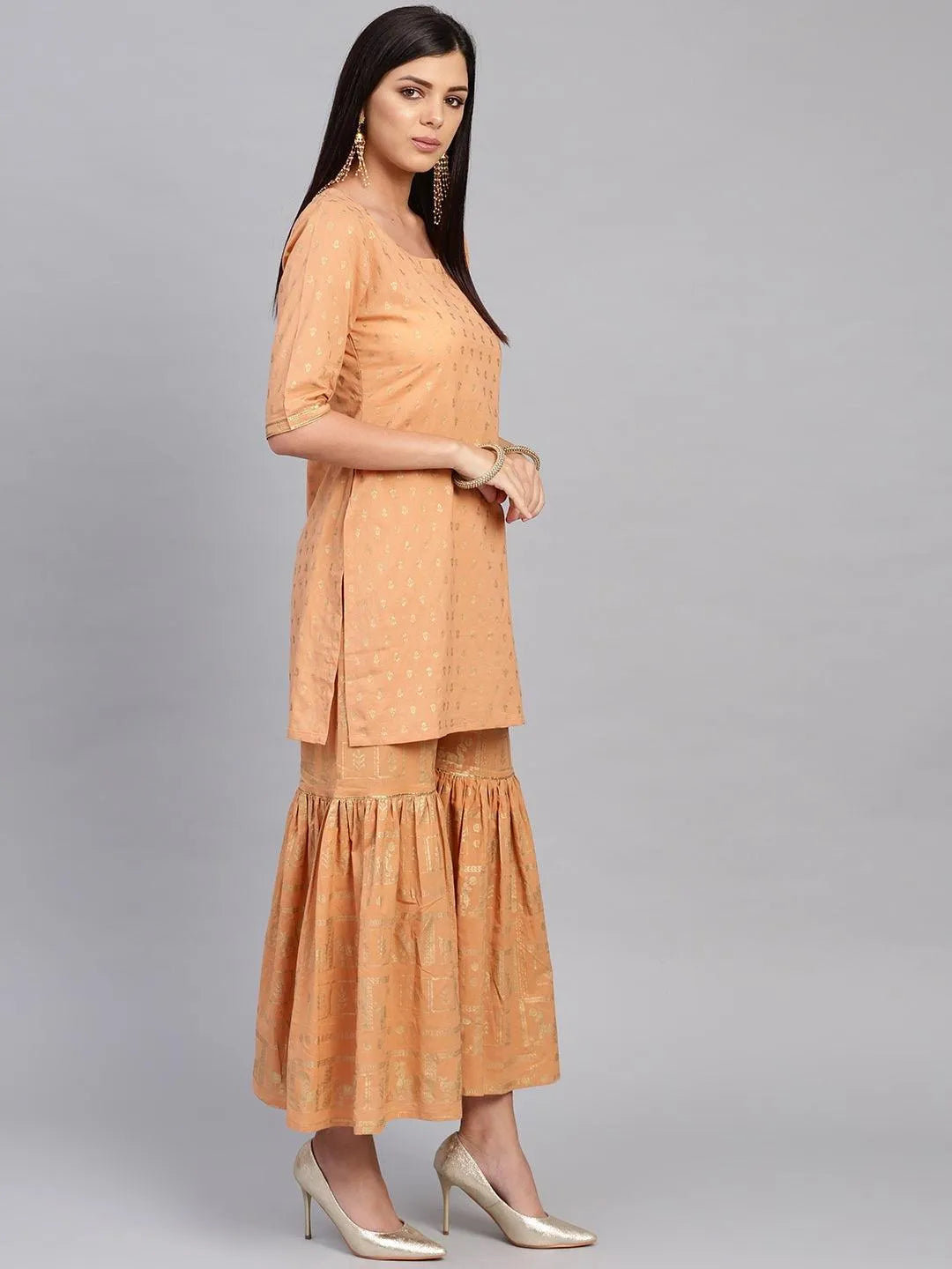 Beige Printed Cotton Kurta Set - Libas 