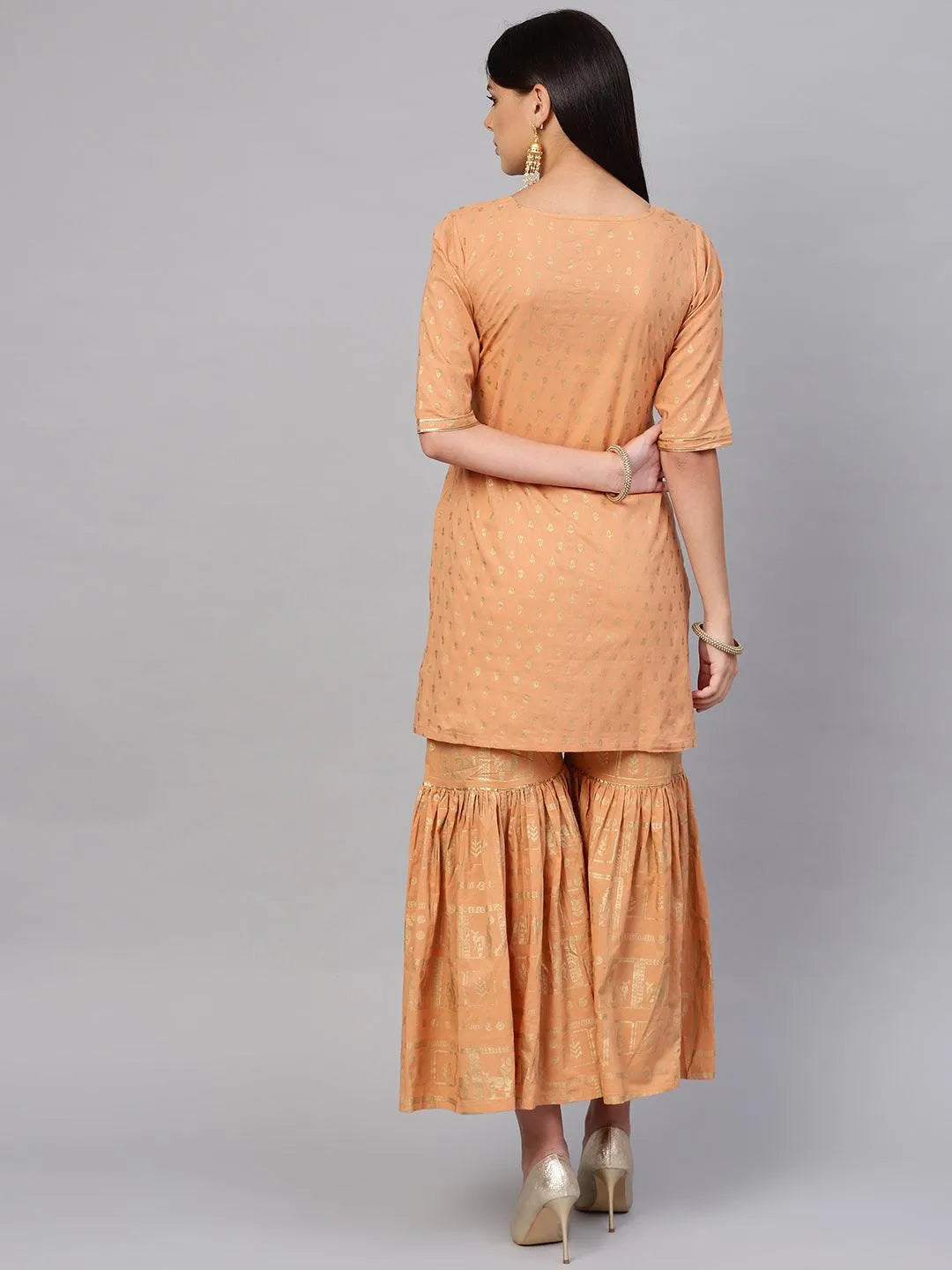 Beige Printed Cotton Kurta Set - Libas 