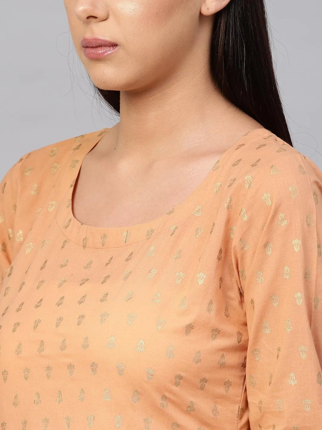 Beige Printed Cotton Kurta Set - Libas 