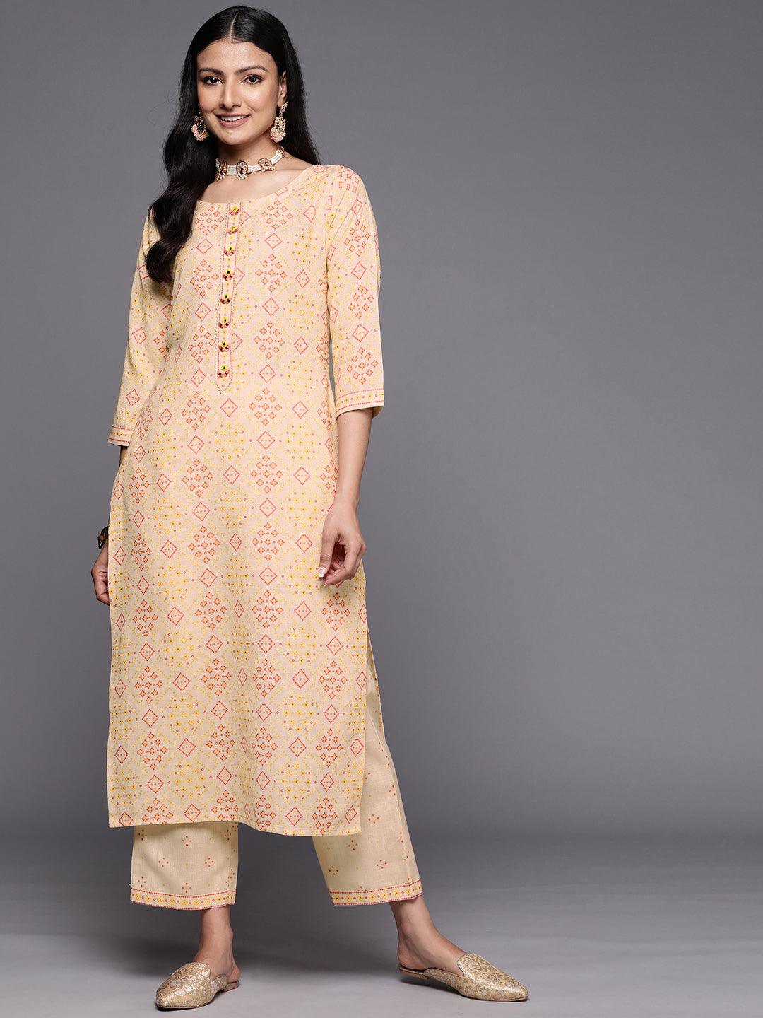 Beige Printed Cotton Straight Kurta Set With Trousers - Libas