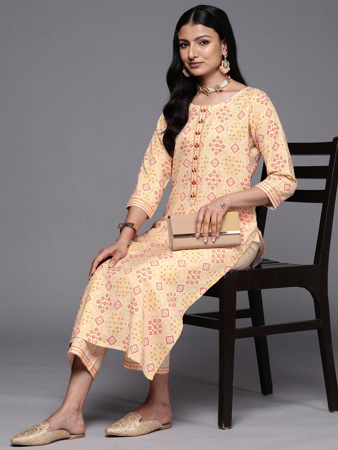 Beige Printed Cotton Straight Kurta Set With Trousers - Libas 