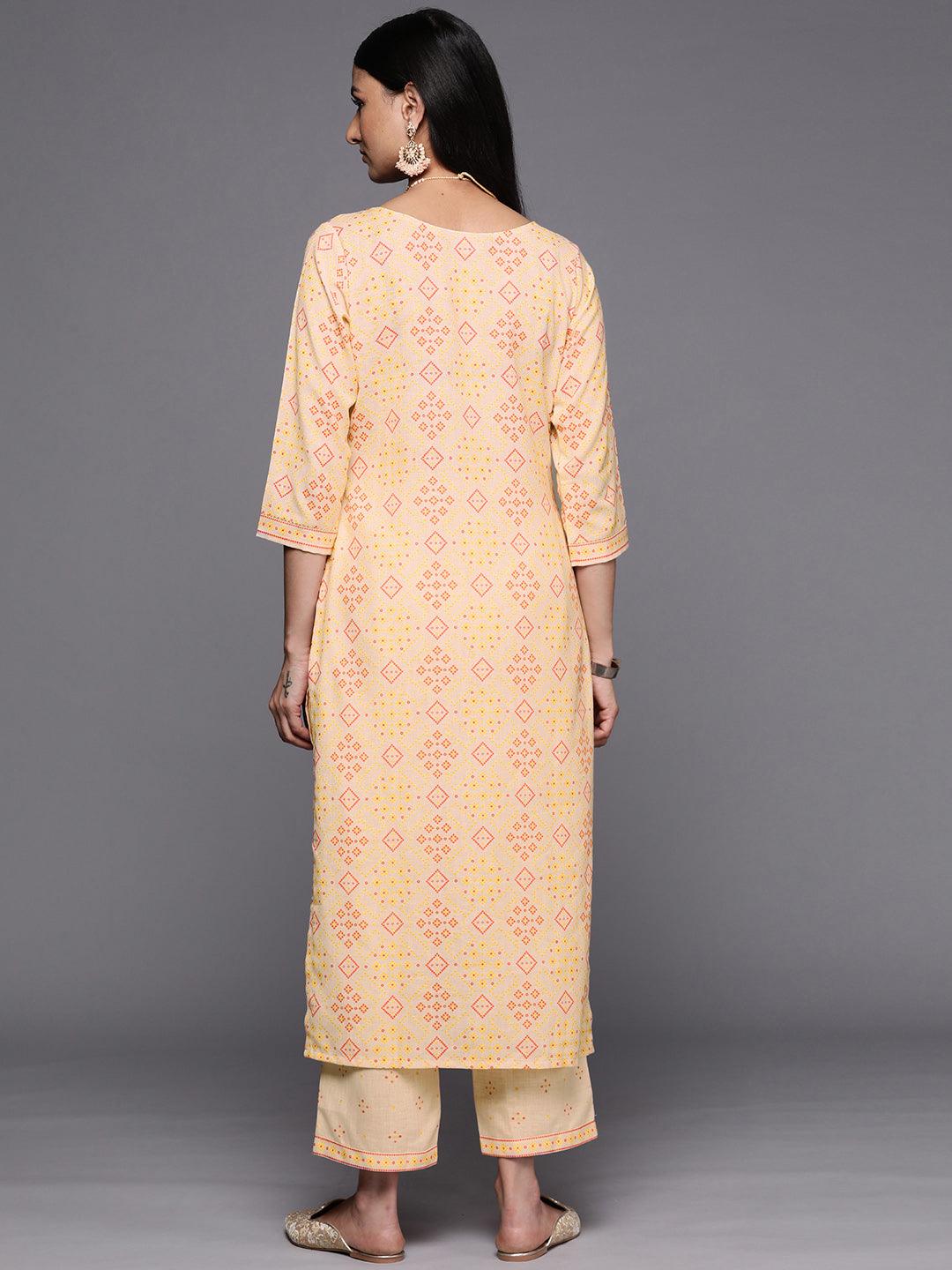 Beige Printed Cotton Straight Kurta Set With Trousers - Libas 