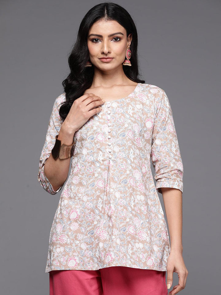 Beige Printed Cotton Straight Kurti - Libas