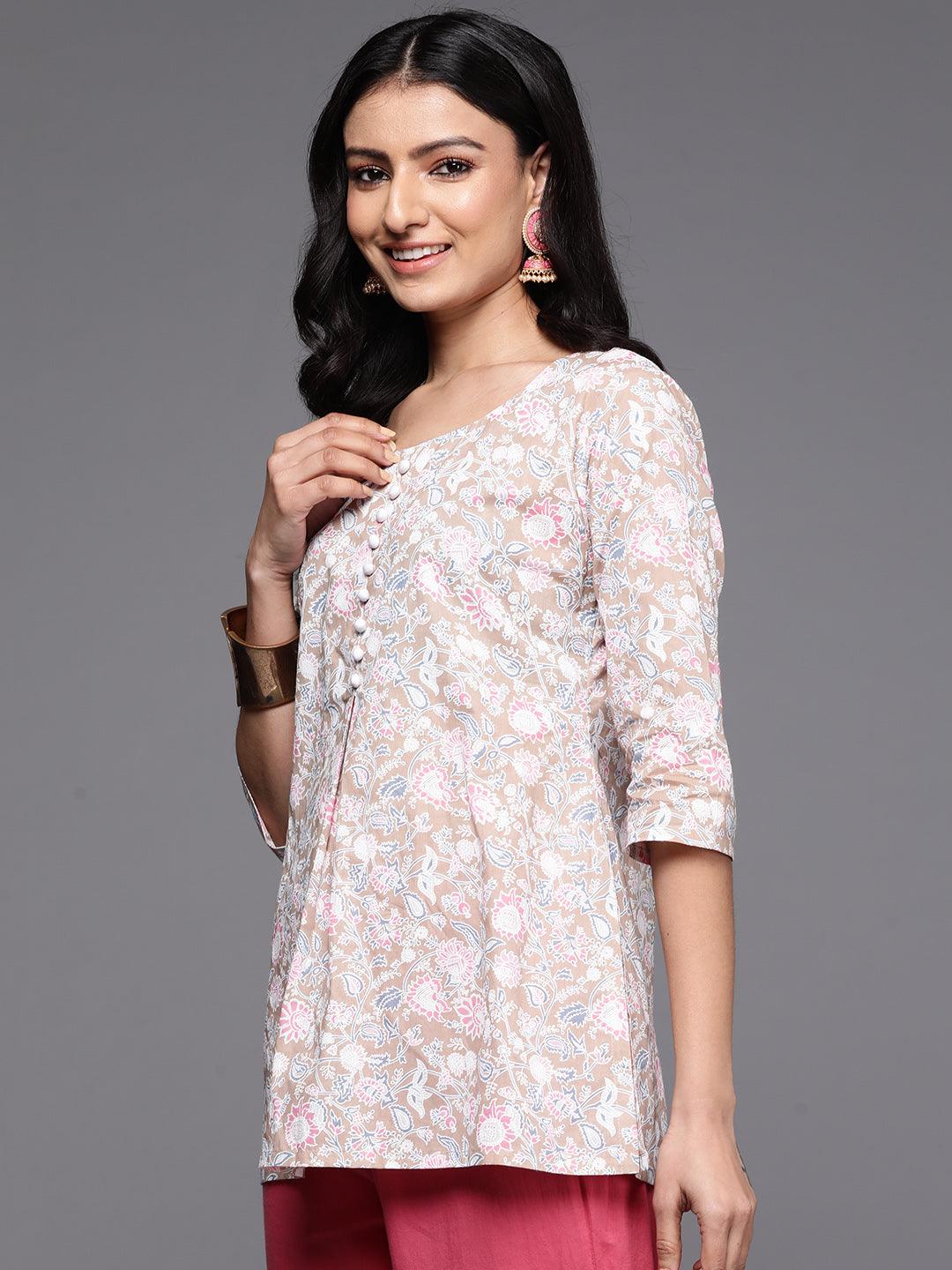 Beige Printed Cotton Straight Kurti - Libas