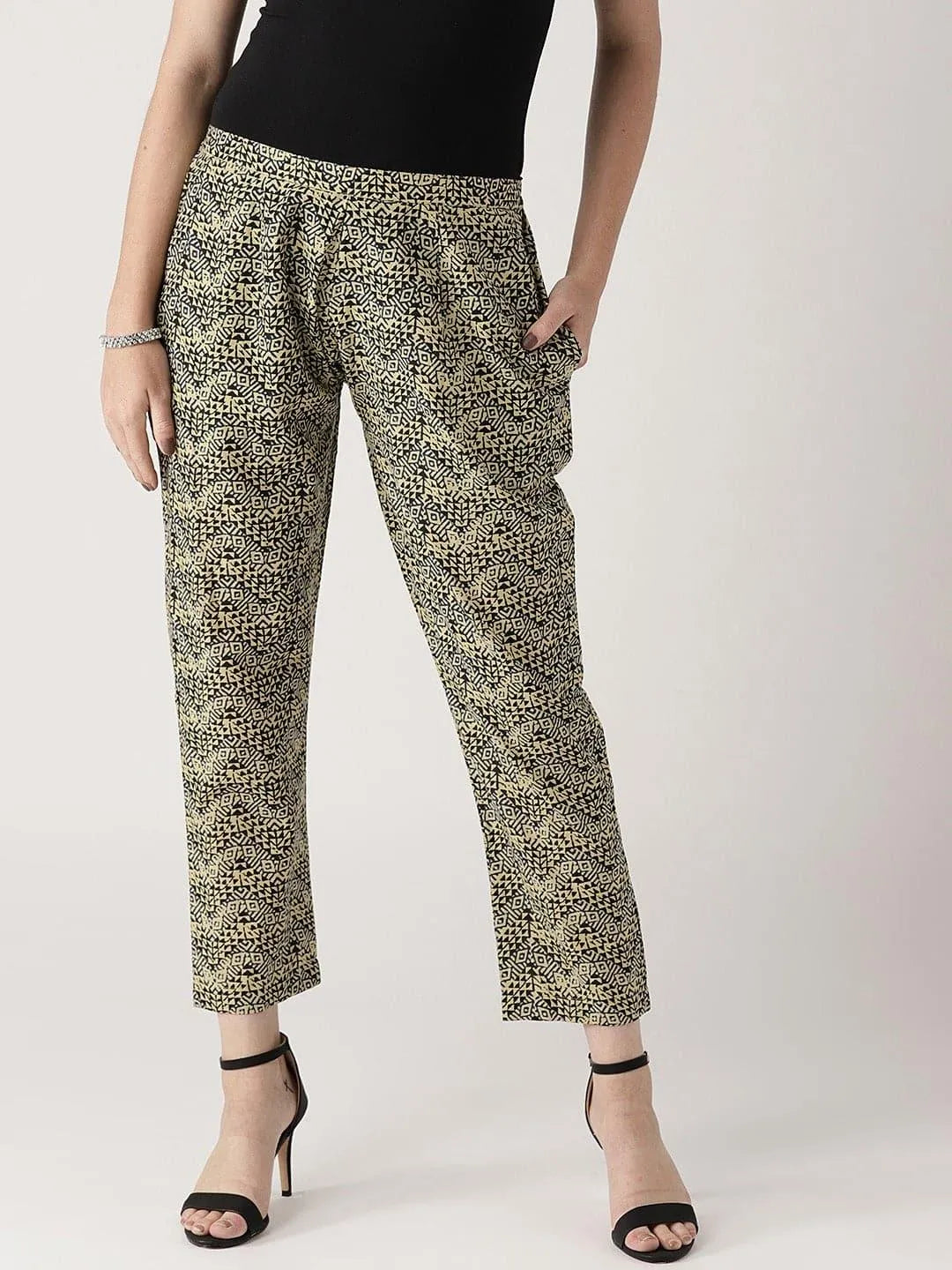 Beige Printed Cotton Trousers - Libas 