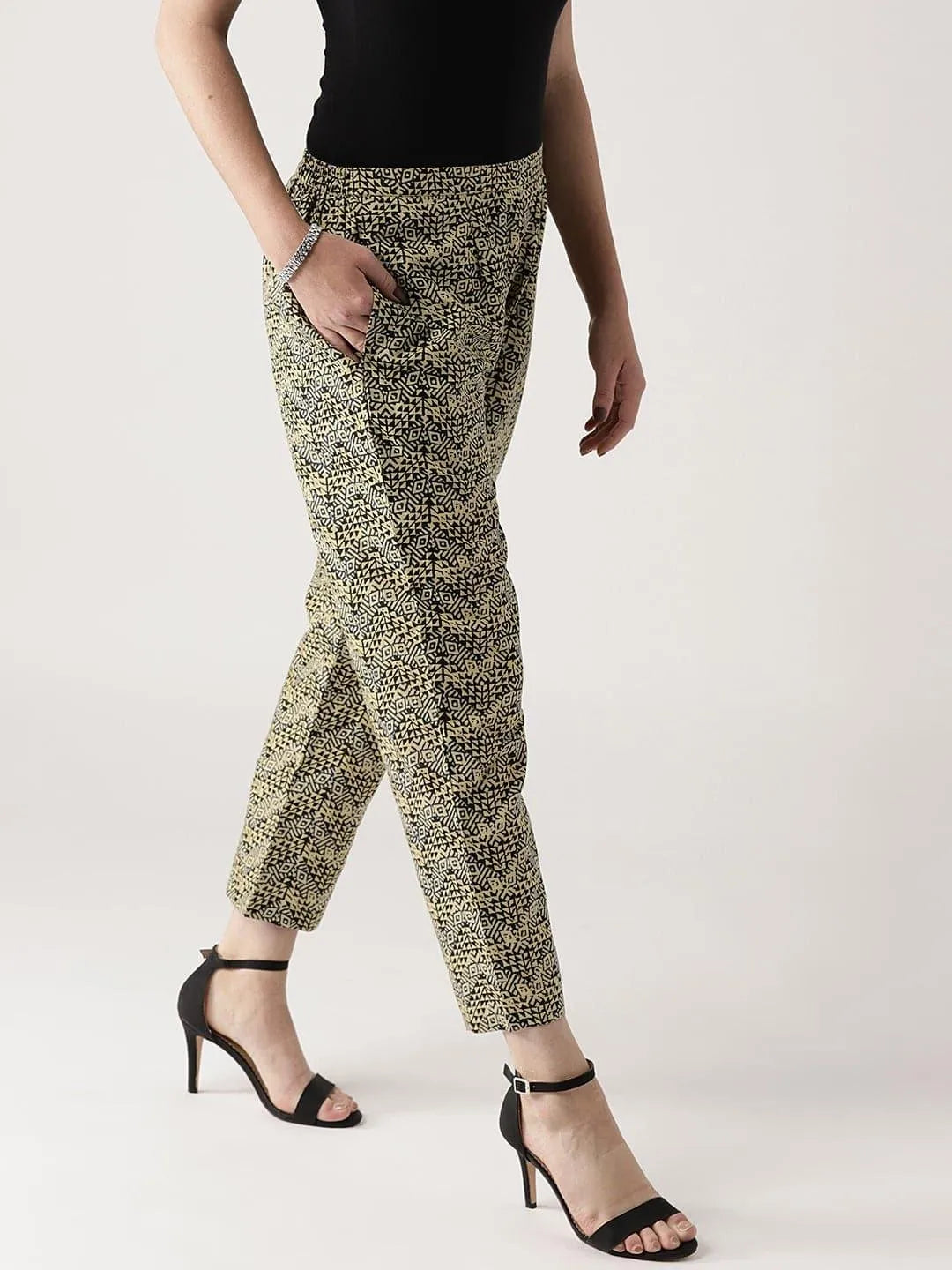 Beige Printed Cotton Trousers - Libas 