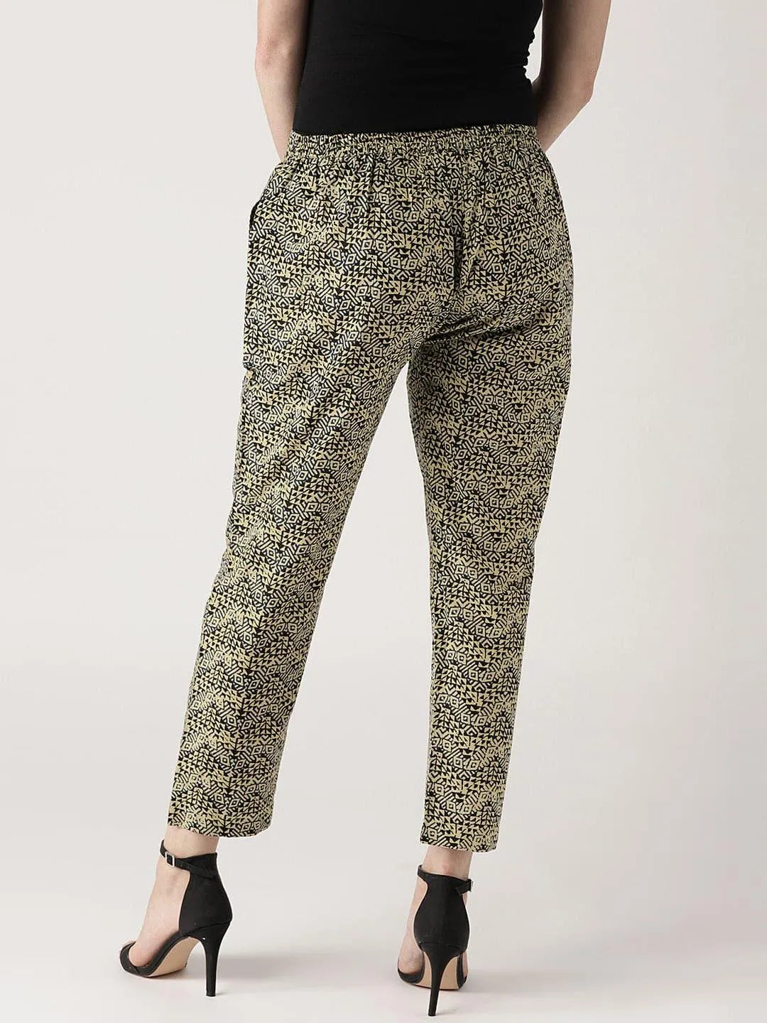 Beige Printed Cotton Trousers - Libas 