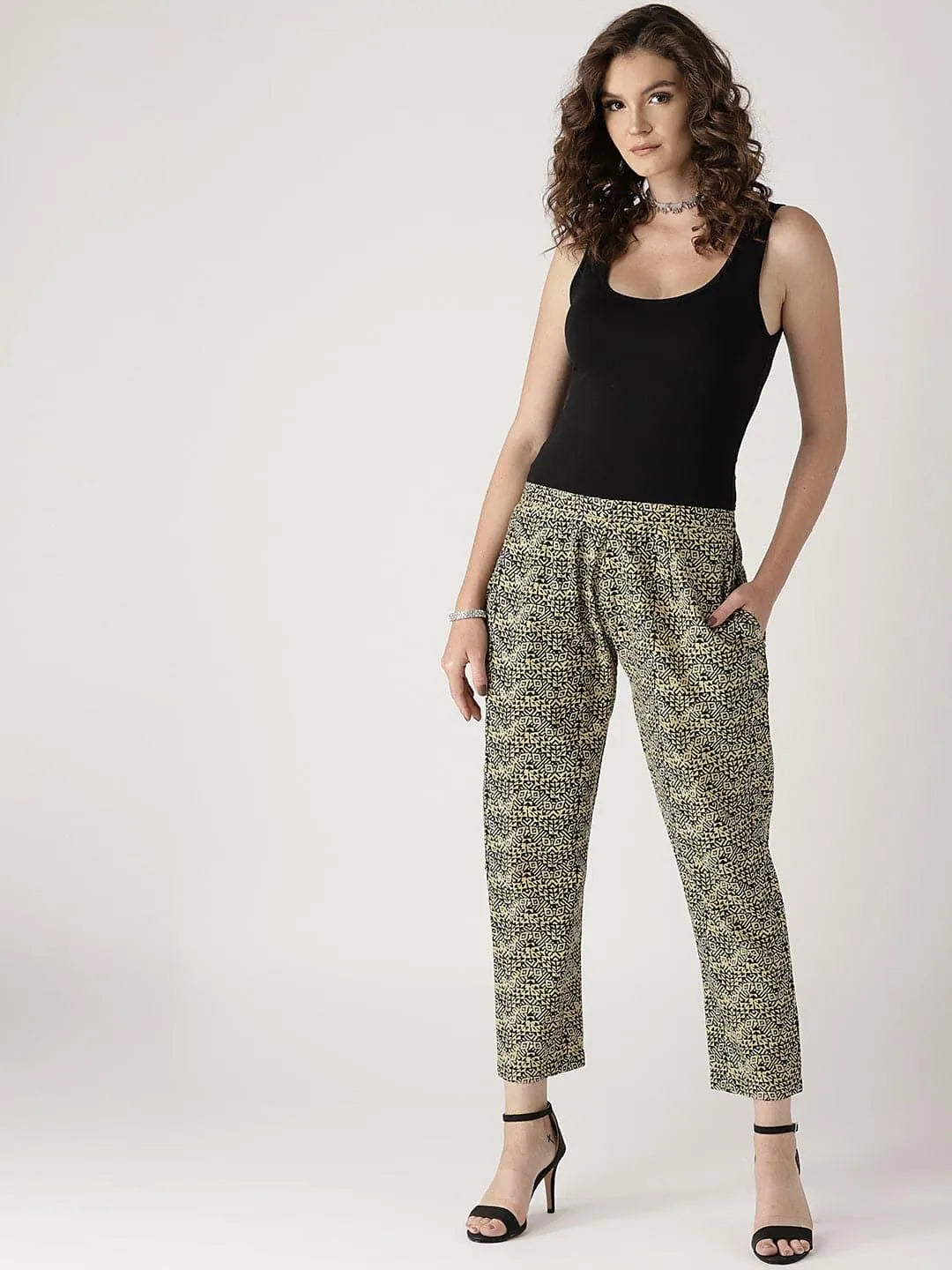 Beige Printed Cotton Trousers - Libas 