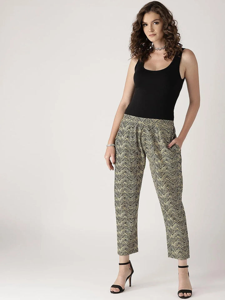 Beige Printed Cotton Trousers - Libas