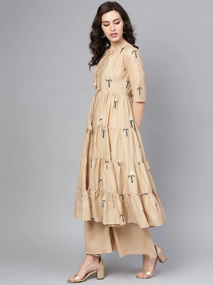 Beige Printed Polyester Kurta Set With Jacket - Libas