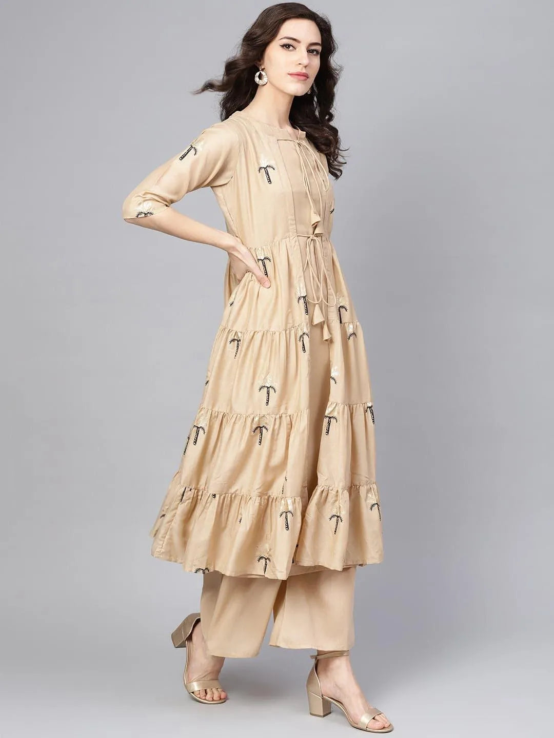 Beige Printed Polyester Kurta Set With Jacket - Libas