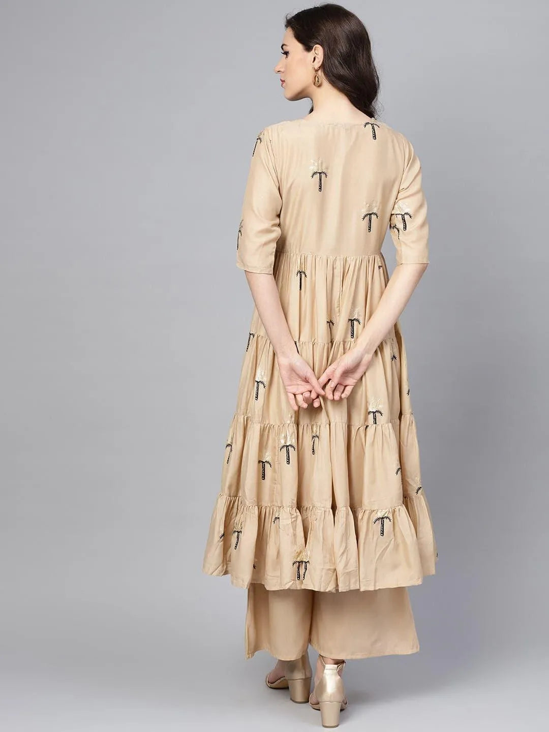 Beige Printed Polyester Kurta Set With Jacket - Libas