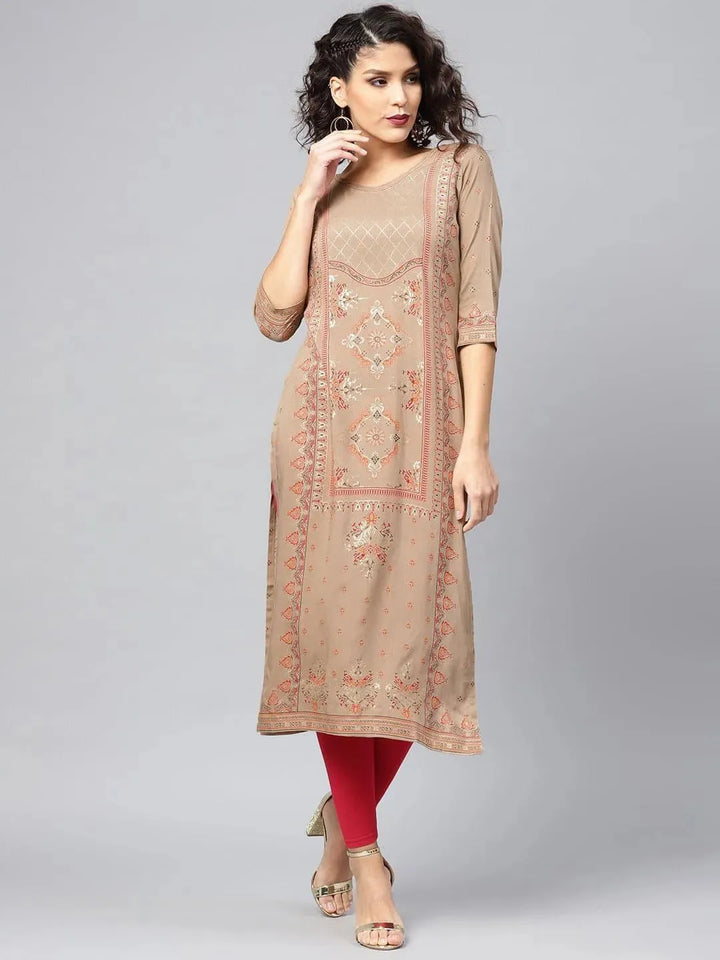 Beige Printed Rayon Kurta - Libas