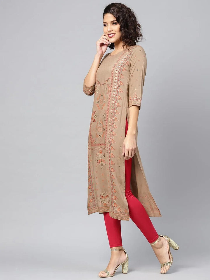 Beige Printed Rayon Kurta - Libas