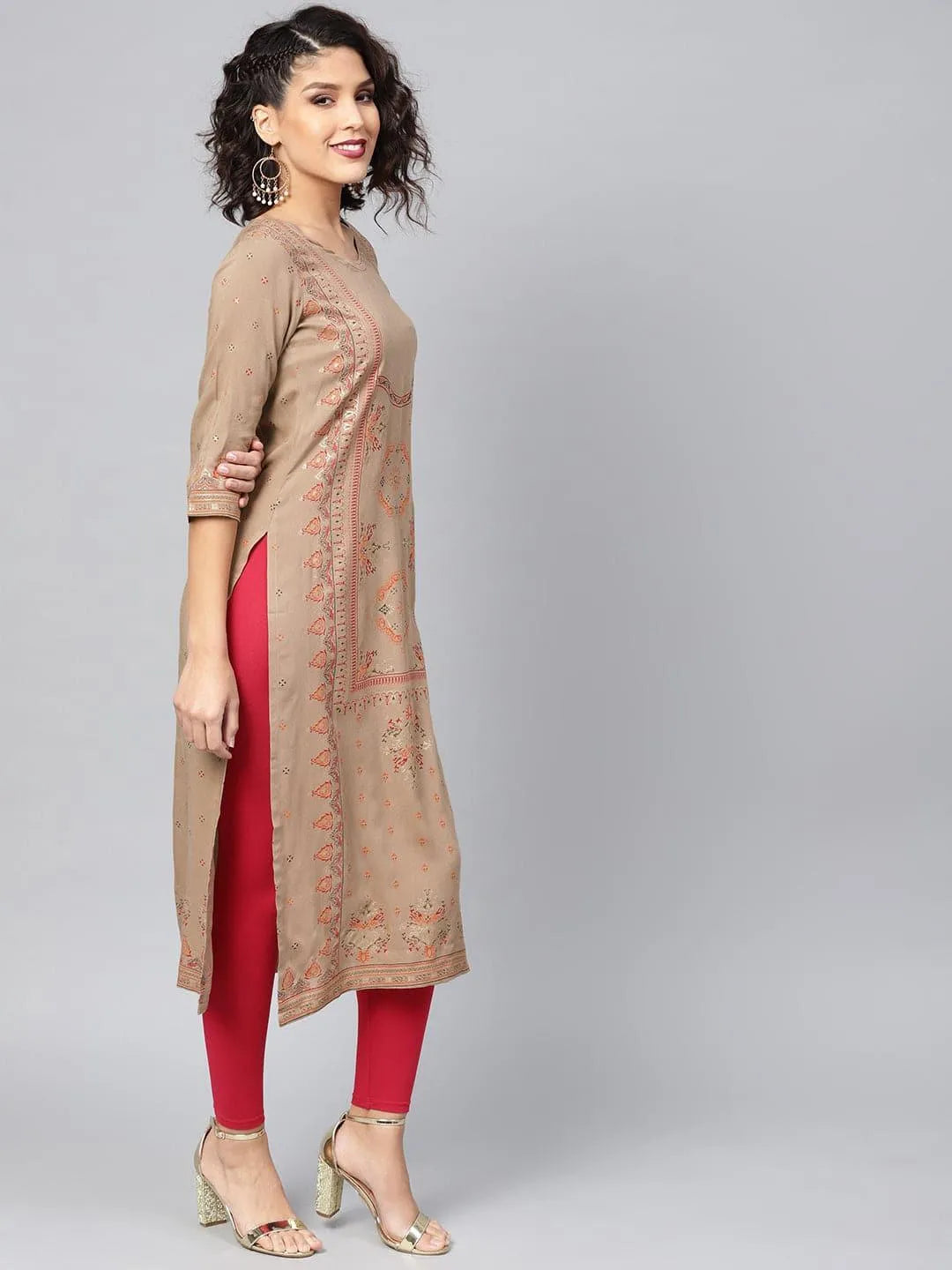 Beige Printed Rayon Kurta - Libas