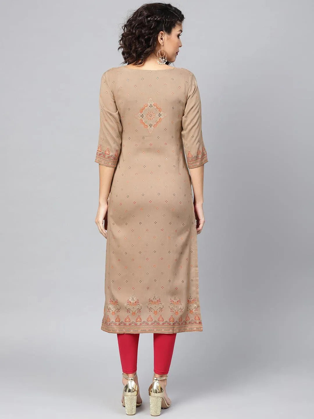 Beige Printed Rayon Kurta - Libas