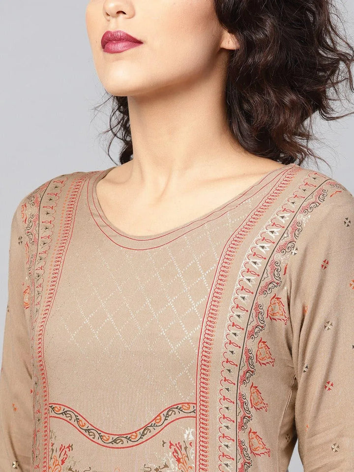 Beige Printed Rayon Kurta - Libas