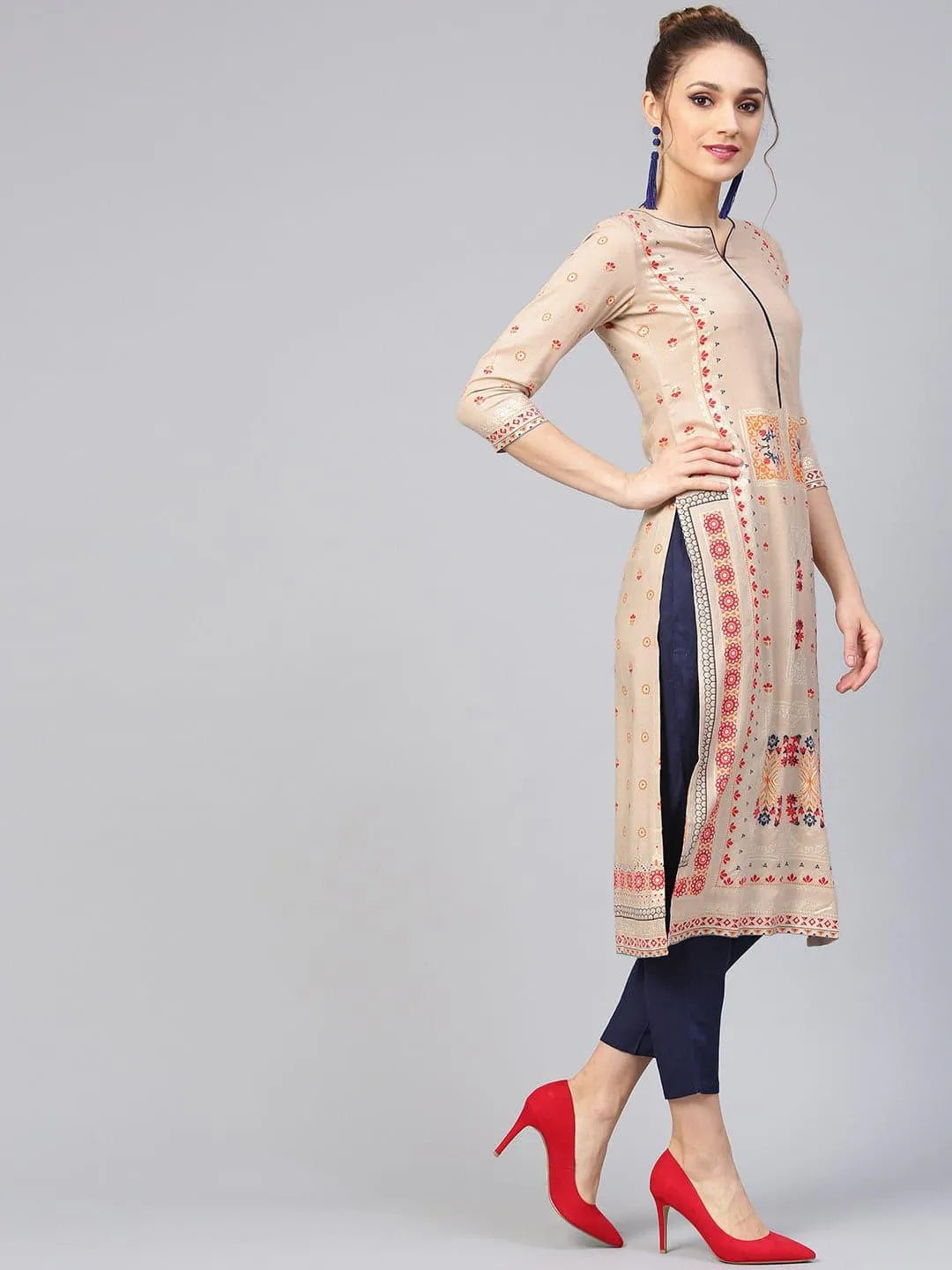 Beige Printed Rayon Kurta Set - Libas 