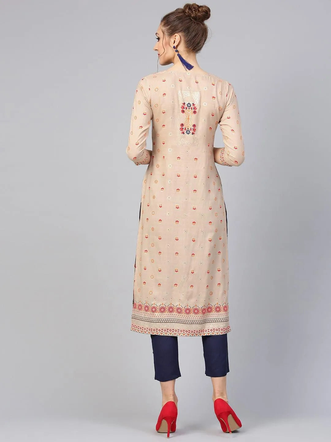 Beige Printed Rayon Kurta Set - Libas 