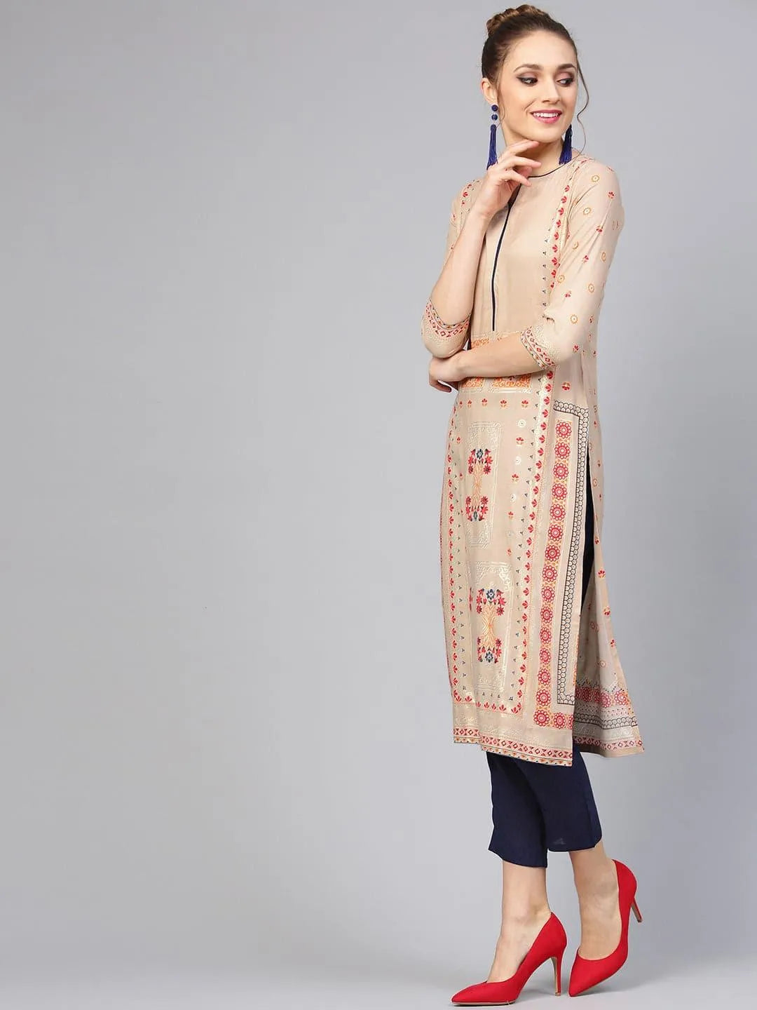 Beige Printed Rayon Kurta Set - Libas 