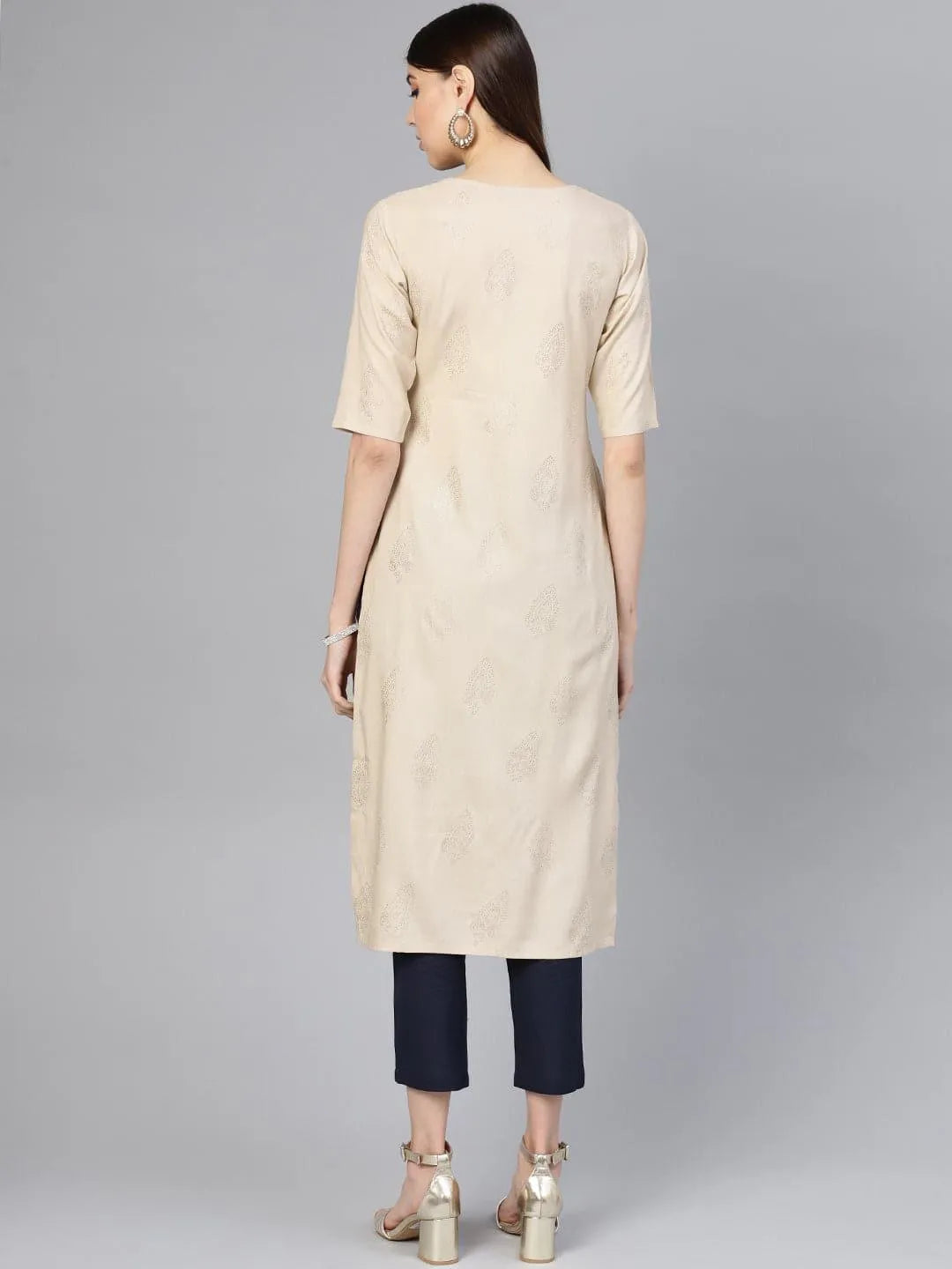 Beige Printed Rayon Kurta Set - Libas 