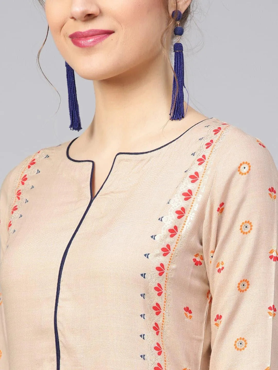 Beige Printed Rayon Kurta Set - Libas