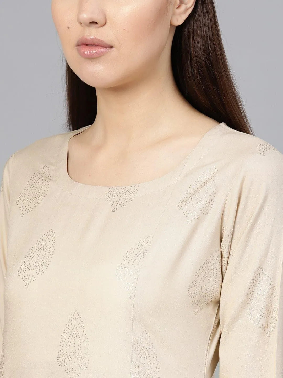 Beige Printed Rayon Kurta Set - Libas 