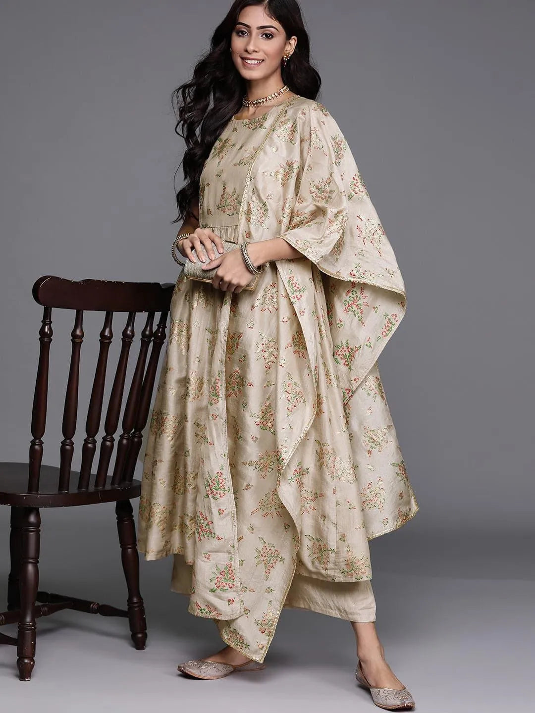 Beige Printed Silk Blend Suit Set - Libas 