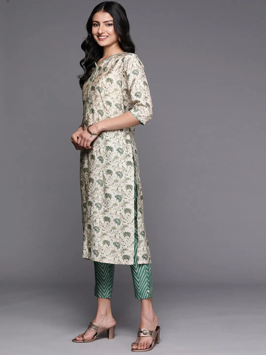 Beige Green Printed Silk Blend Straight Suit Set With Trousers - Libas 