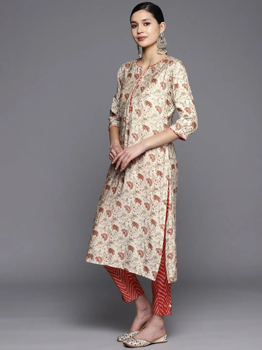 Beige Printed Silk Blend Straight Suit Set With Trousers - Libas 