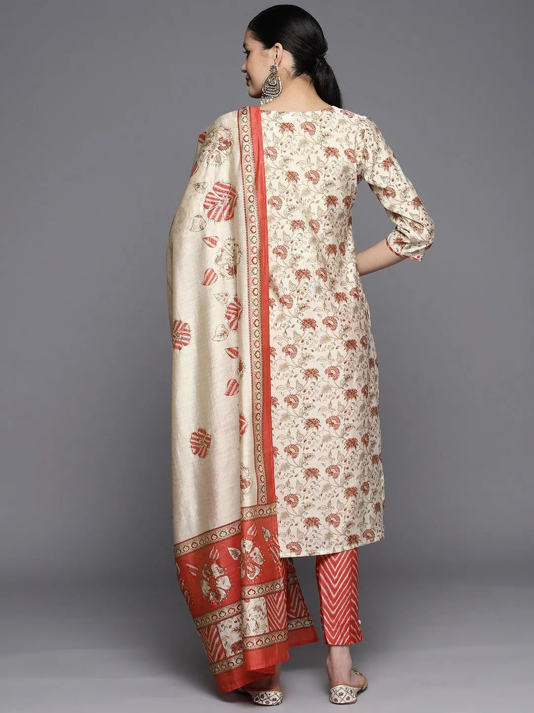 Beige Printed Silk Blend Straight Suit Set With Trousers - Libas 