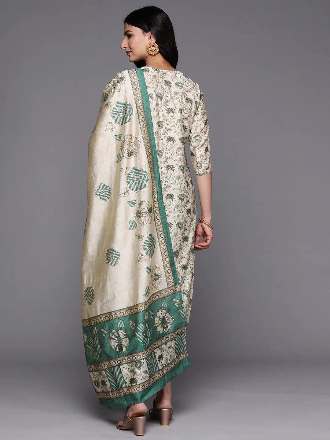 Beige Green Printed Silk Blend Straight Suit Set With Trousers - Libas 