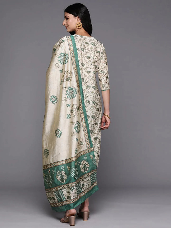 Beige Green Printed Silk Blend Straight Suit Set With Trousers - Libas