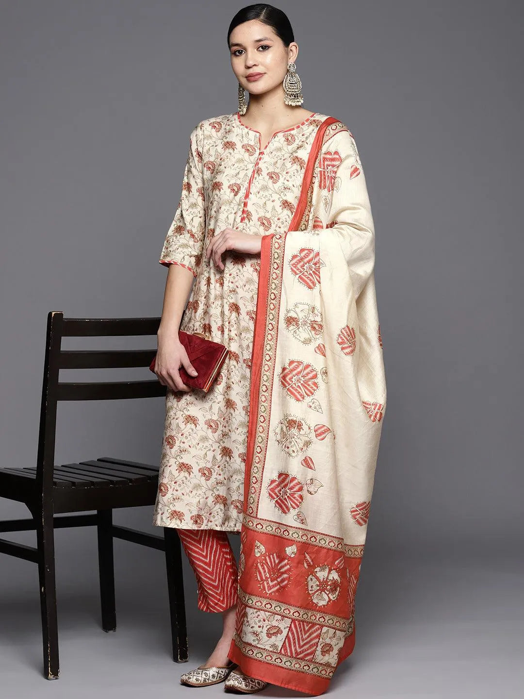 Beige Printed Silk Blend Straight Suit Set With Trousers - Libas 