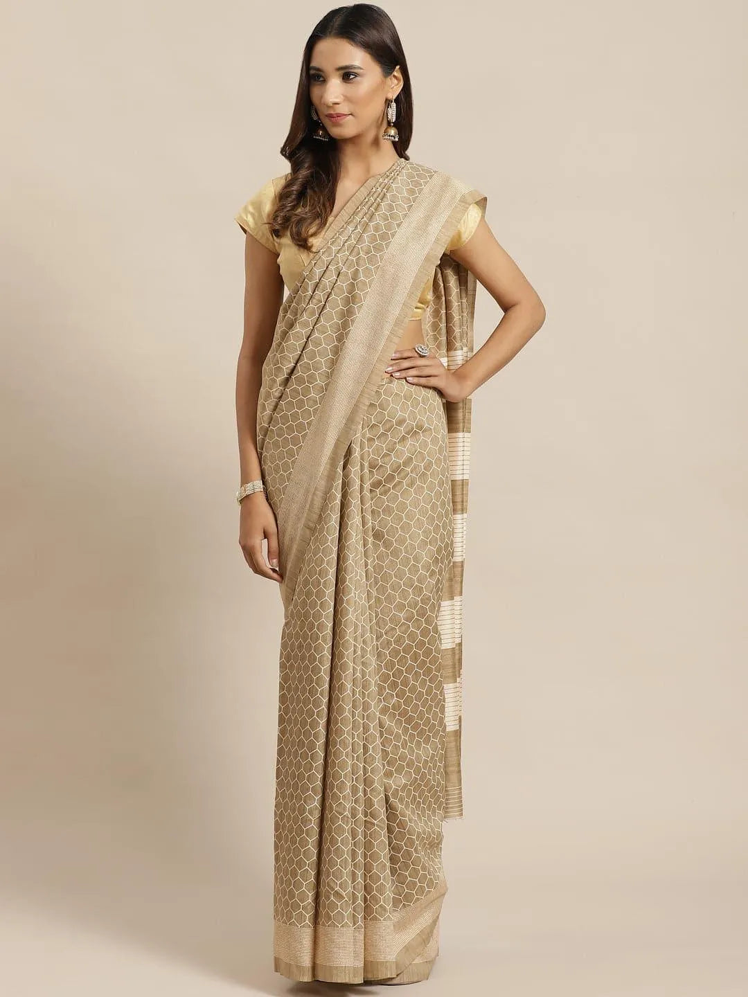 Beige Printed Silk Saree - Libas