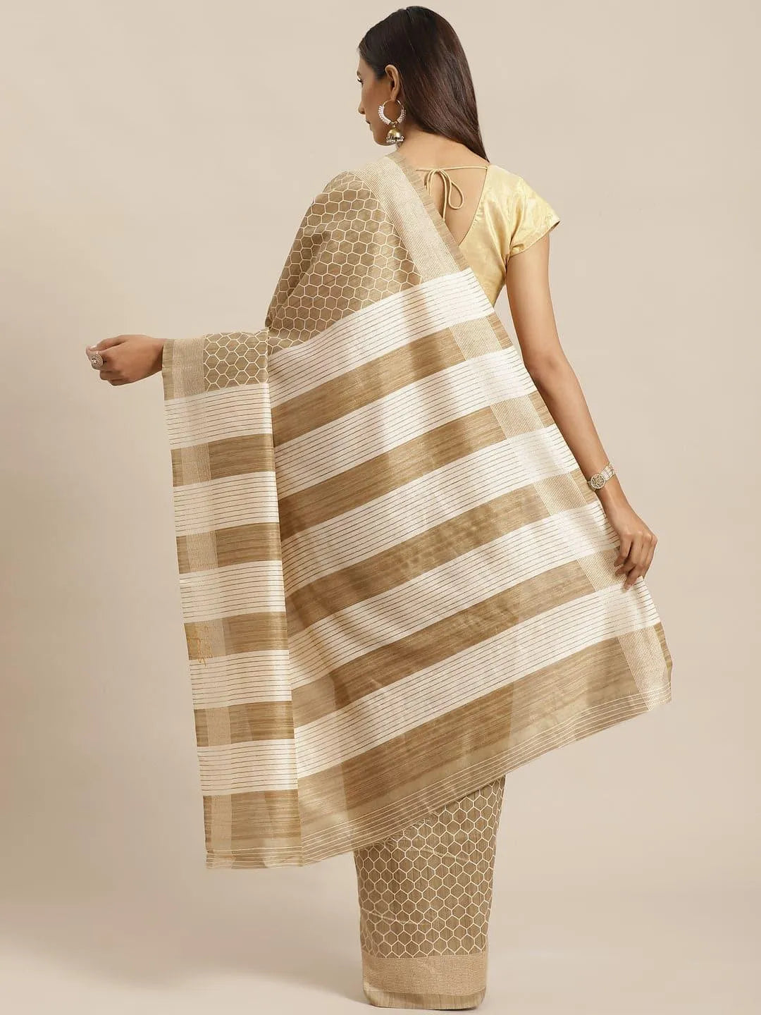 Beige Printed Silk Saree - Libas 