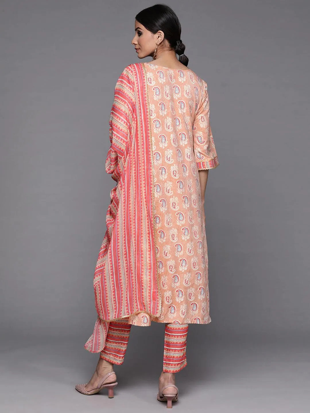 Beige Printed Silk Suit Set - Libas 