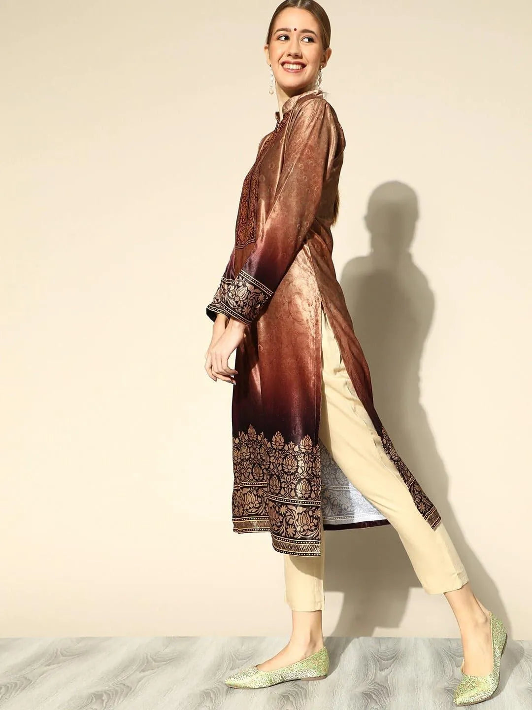 Beige Printed Velvet Suit Set - Libas 