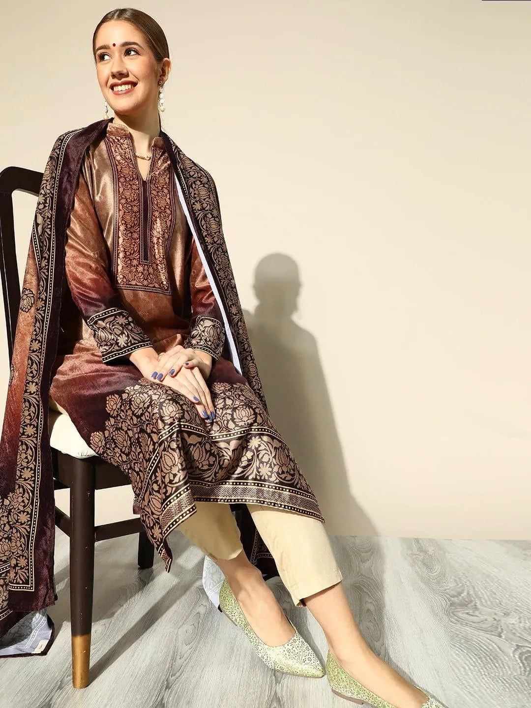 Beige Printed Velvet Suit Set - Libas 