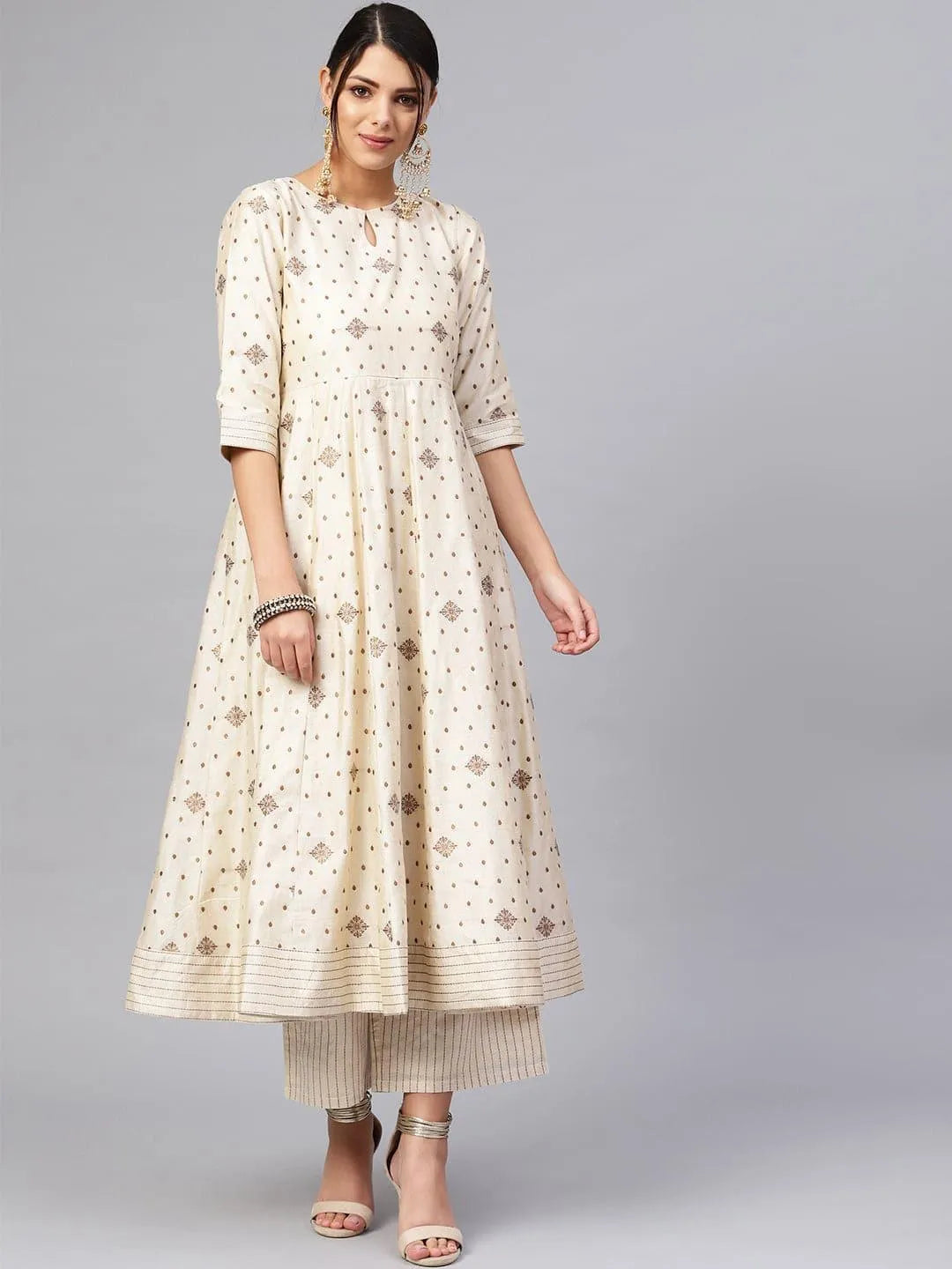 Beige Self Design Chanderi Kurta Set - Libas 