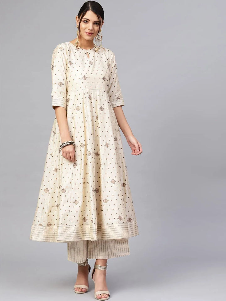 Beige Self Design Chanderi Kurta Set - Libas