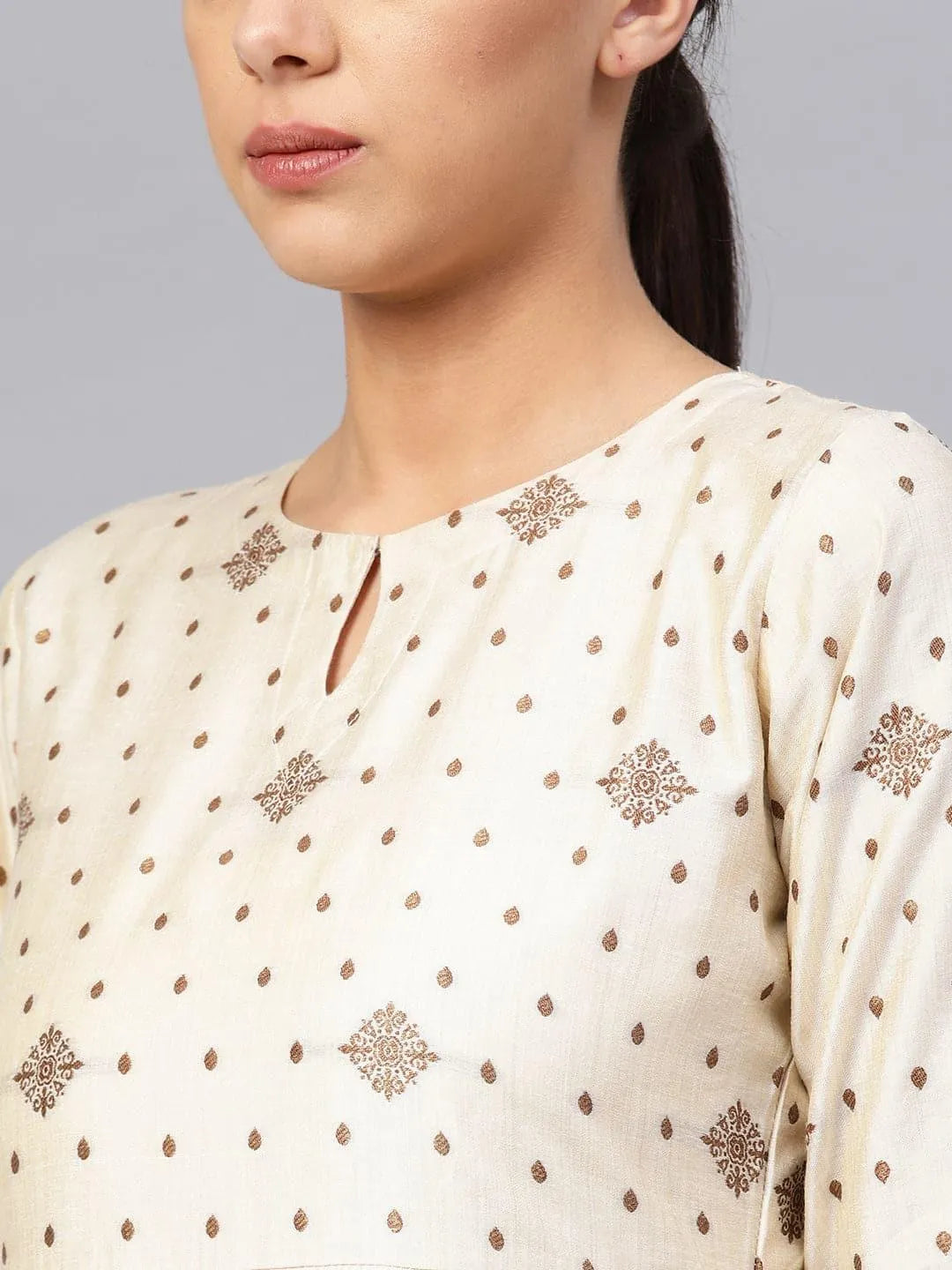 Beige Self Design Chanderi Kurta Set - Libas 