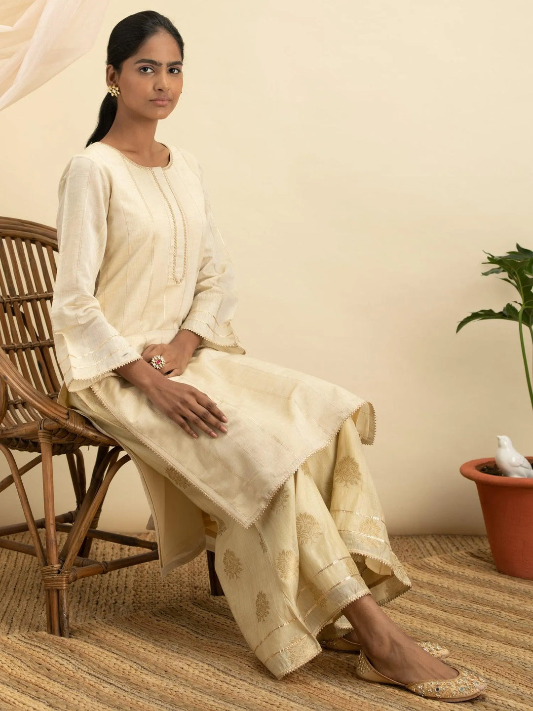 Beige Design Chanderi Silk Kurta Set - Libas 