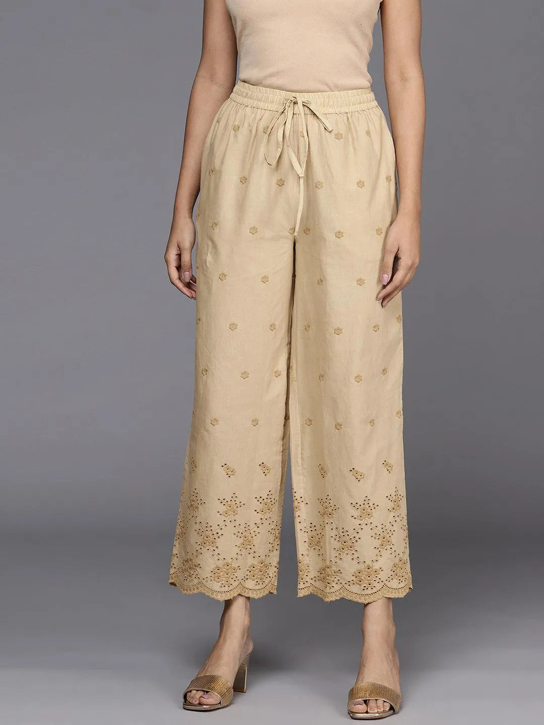 Beige Self Design Cotton Palazzos - Libas