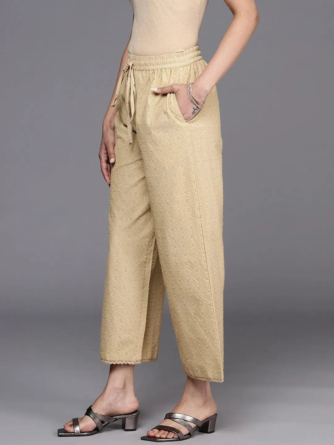 Beige Self Design Cotton Palazzos - Libas