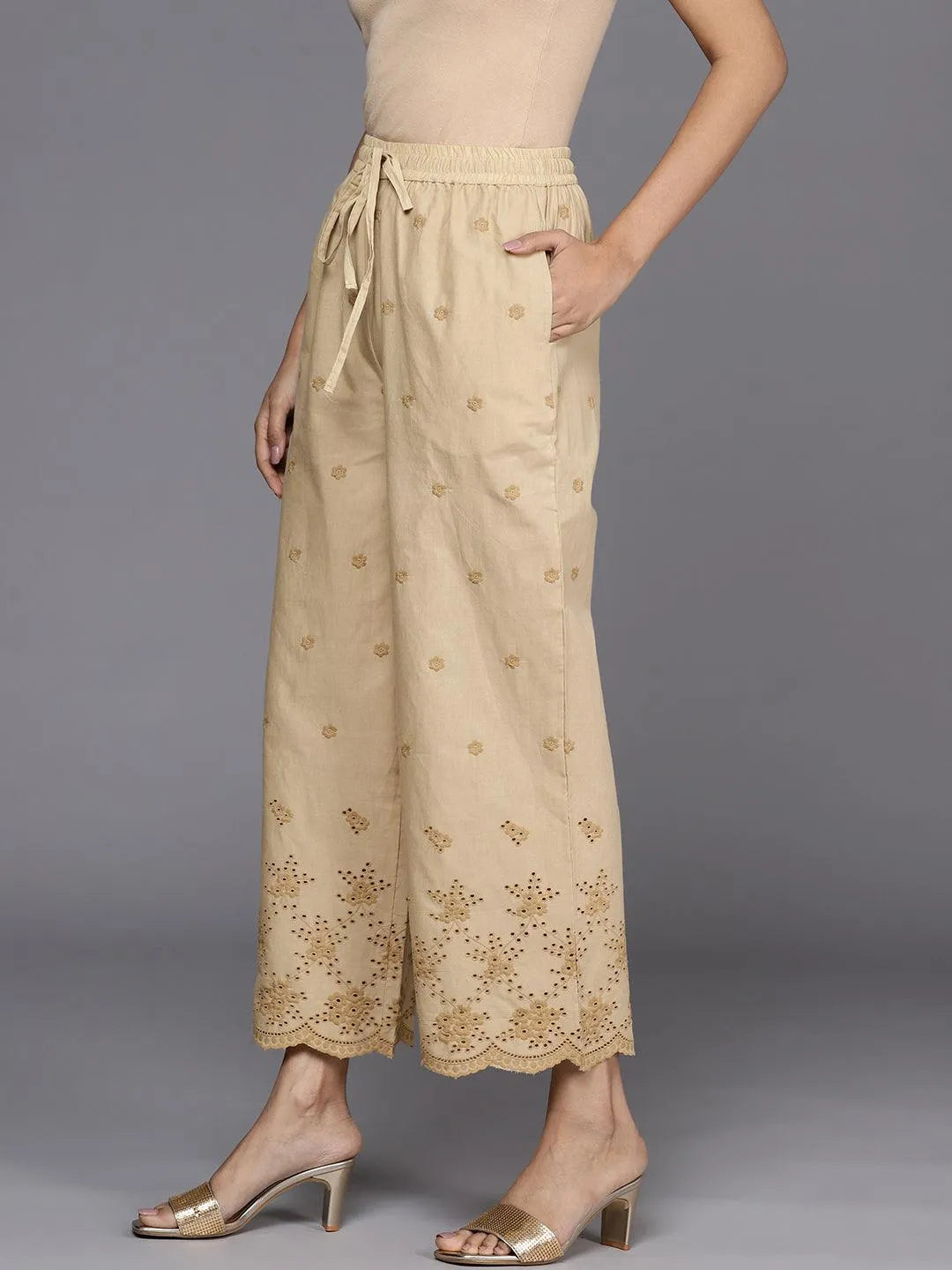 Beige Self Design Cotton Palazzos - Libas