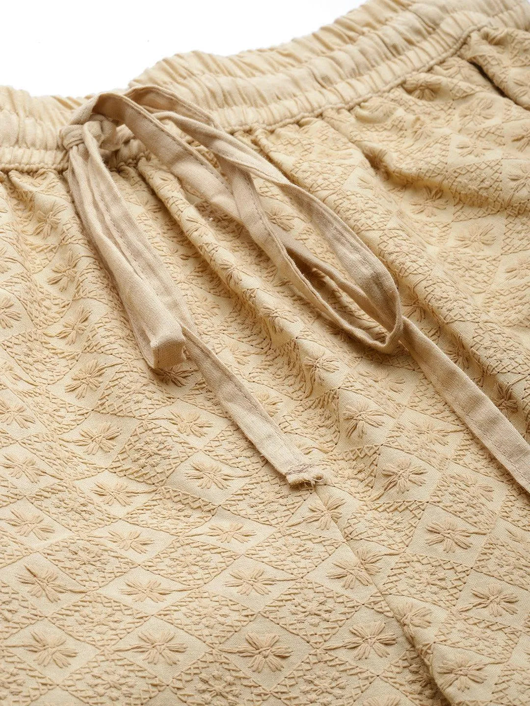 Beige Self Design Cotton Palazzos - Libas 